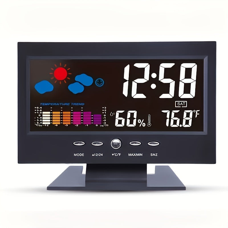 Ko'p funksiyali Smart Clock ni taqdim etamiz, unda ovoz bilan boshqariladigan yoritish, raqamli displey, signal, termometr va gygrometr mavjud. U vaqt, sana, haftaning kuni, harorat va namlikni uyda va ofisda kuzatib borish uchun mukammal.