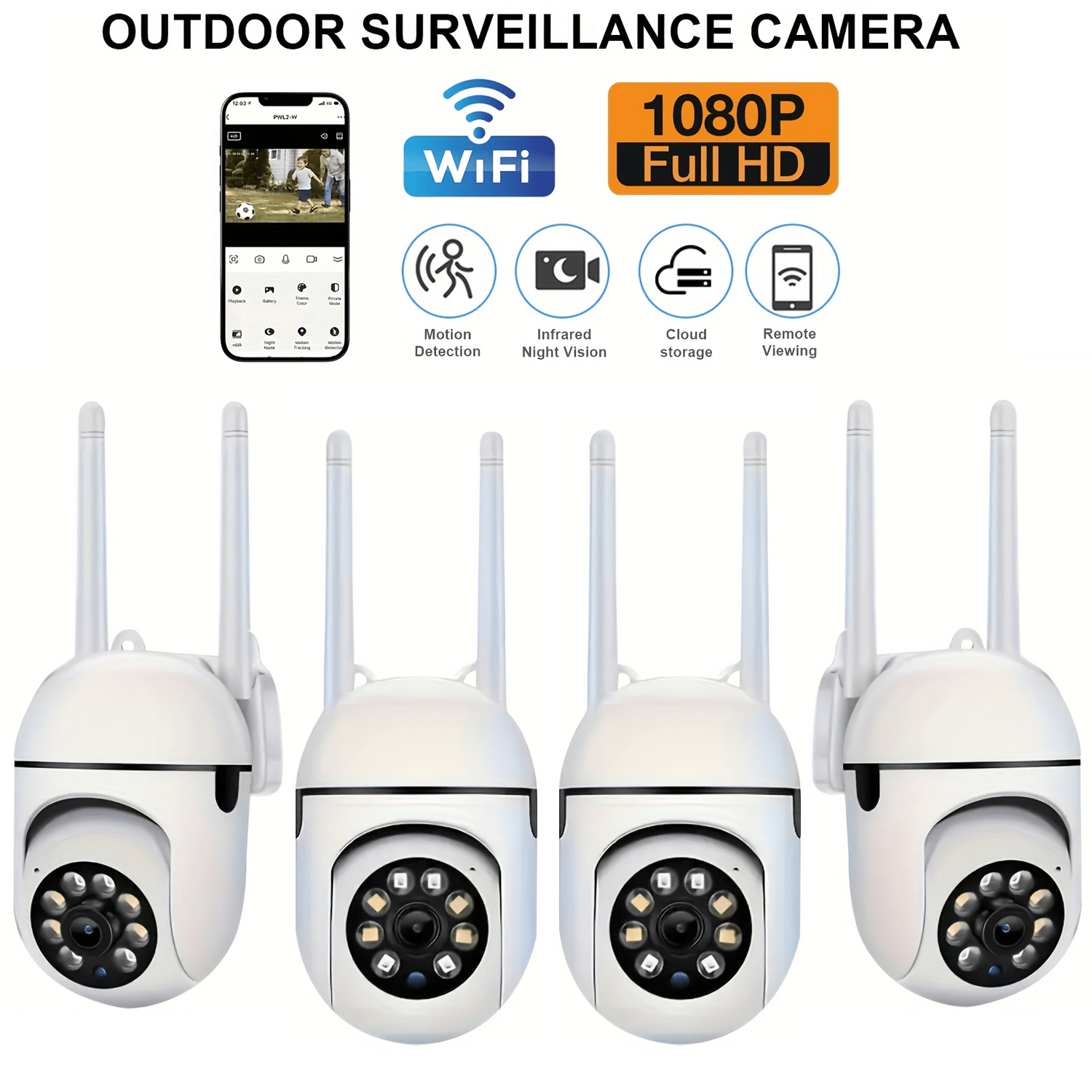 Wireless Security Camera 4-Pack 1080P HD Pan-Tilt Motion Detection Two-Way Audio Smartphone Compatible