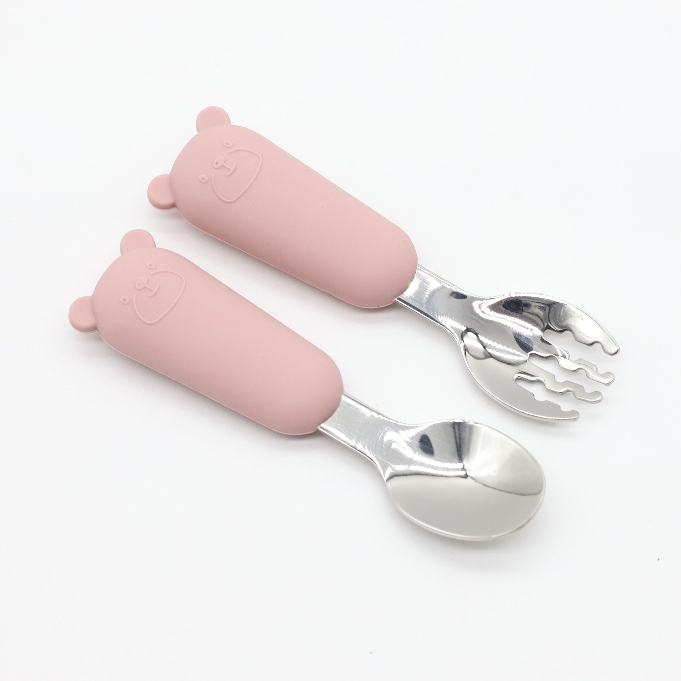 Baby Feeding Utensils Set Silicone and Stainless Steel Bear Shape for Babies Red Blue