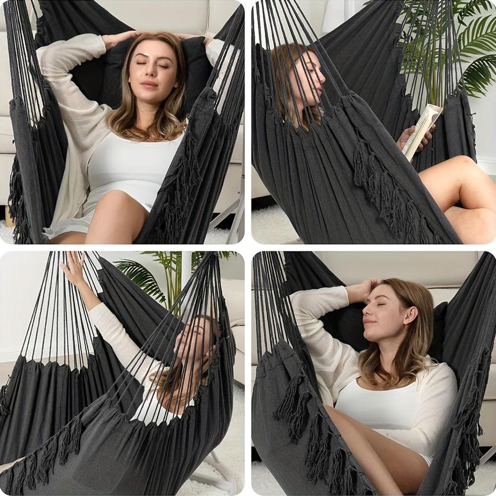 White Canvas Hammock with Tassels and Cushions for Indoor Outdoor Use Supports Up to 226.8 KG