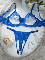 Women Plus Size Lace Lingerie Set Blue Hollow Crotch Panties