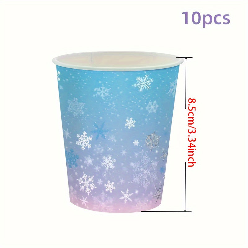 Set de vajilla temática de Frozen para 10 invitados, platos, vasos y servilletas con copos de nieve