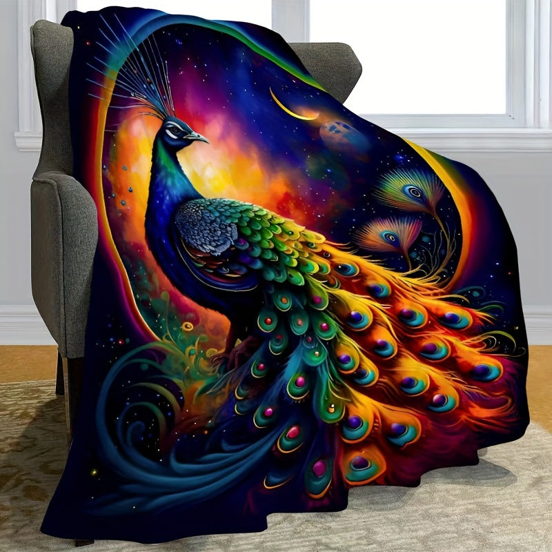 Peacock Print Flannel Blanket Soft Cozy Throw for Couch Bed Travel