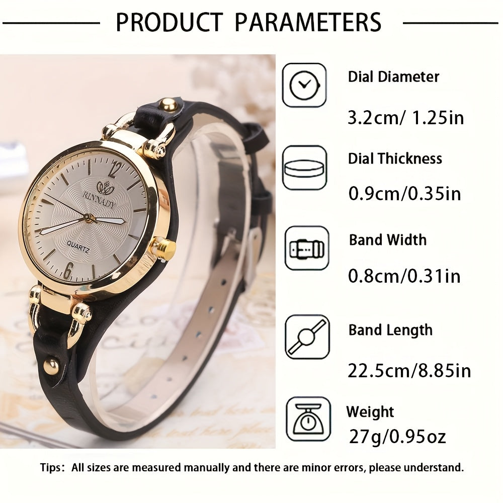 Women's Quartz Watch with Black Faux Leather Strap and Gold Accents Elegant Analog Wristwatch