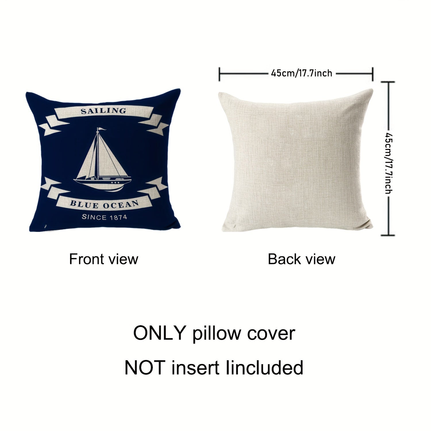 Set of 4 Nautical Polyester Linen Pillowcases Blue Sailboats Anchors Compasses 18x18 Inches