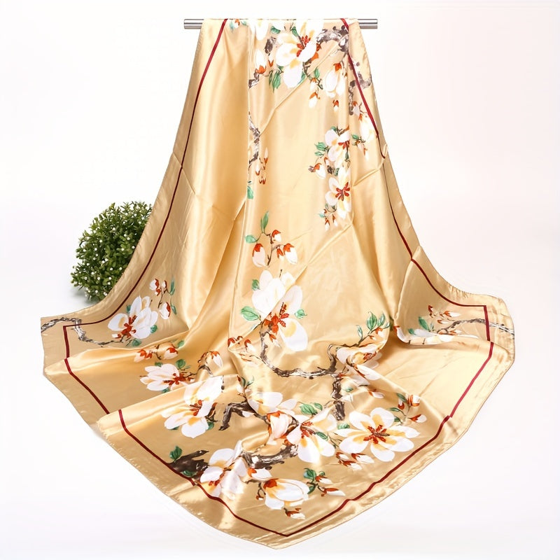 Navy Blue Floral Satin Square Scarf with Pink Flower Design and Elegant Border