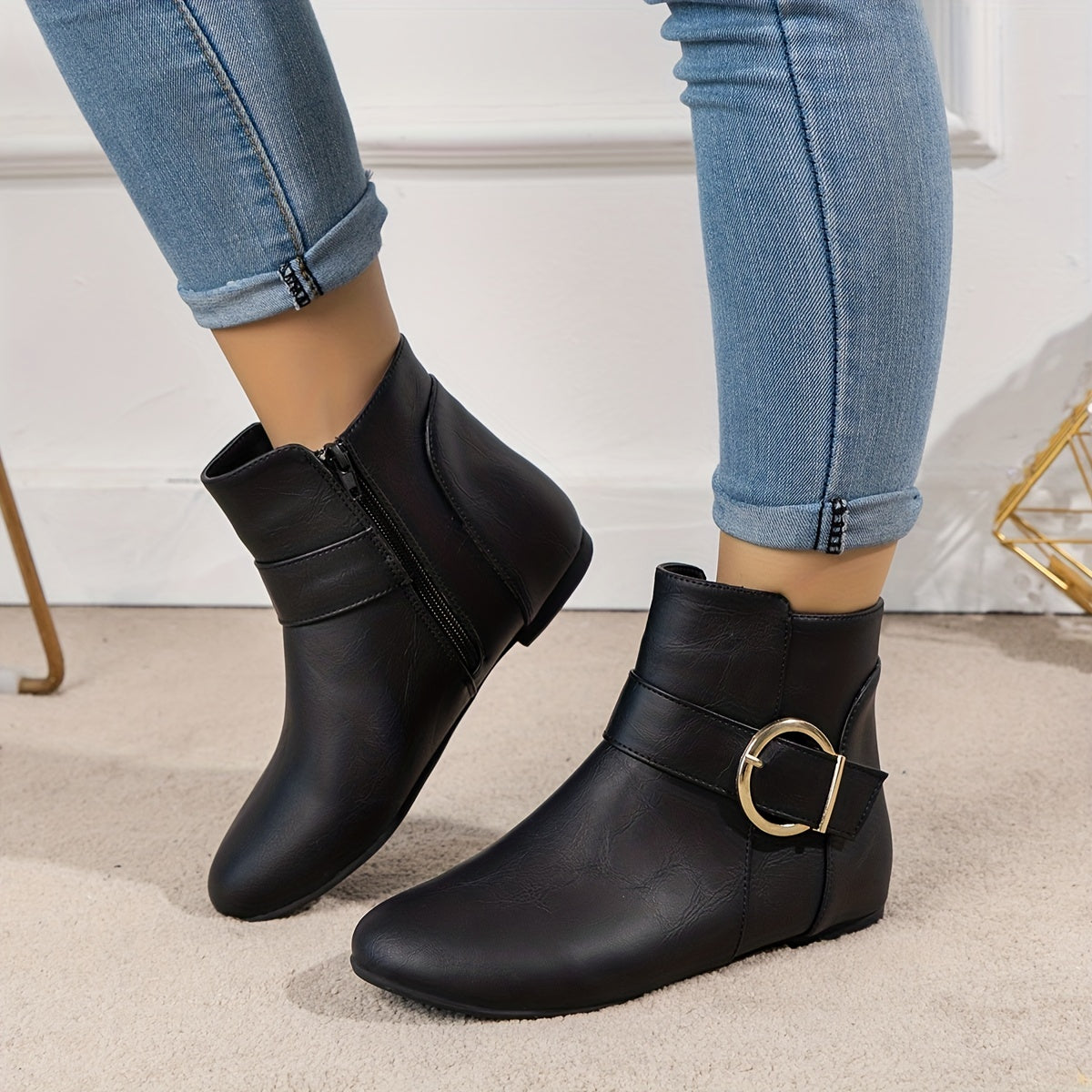 Women Leather Side Zipper Ankle Boots with Big Buckle