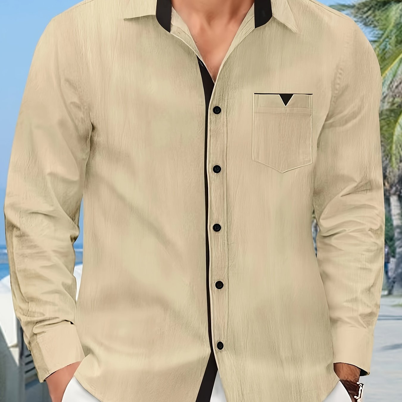 Men's Cotton Linen Patchwork Dress Shirt with Lapel Collar for Formal Events