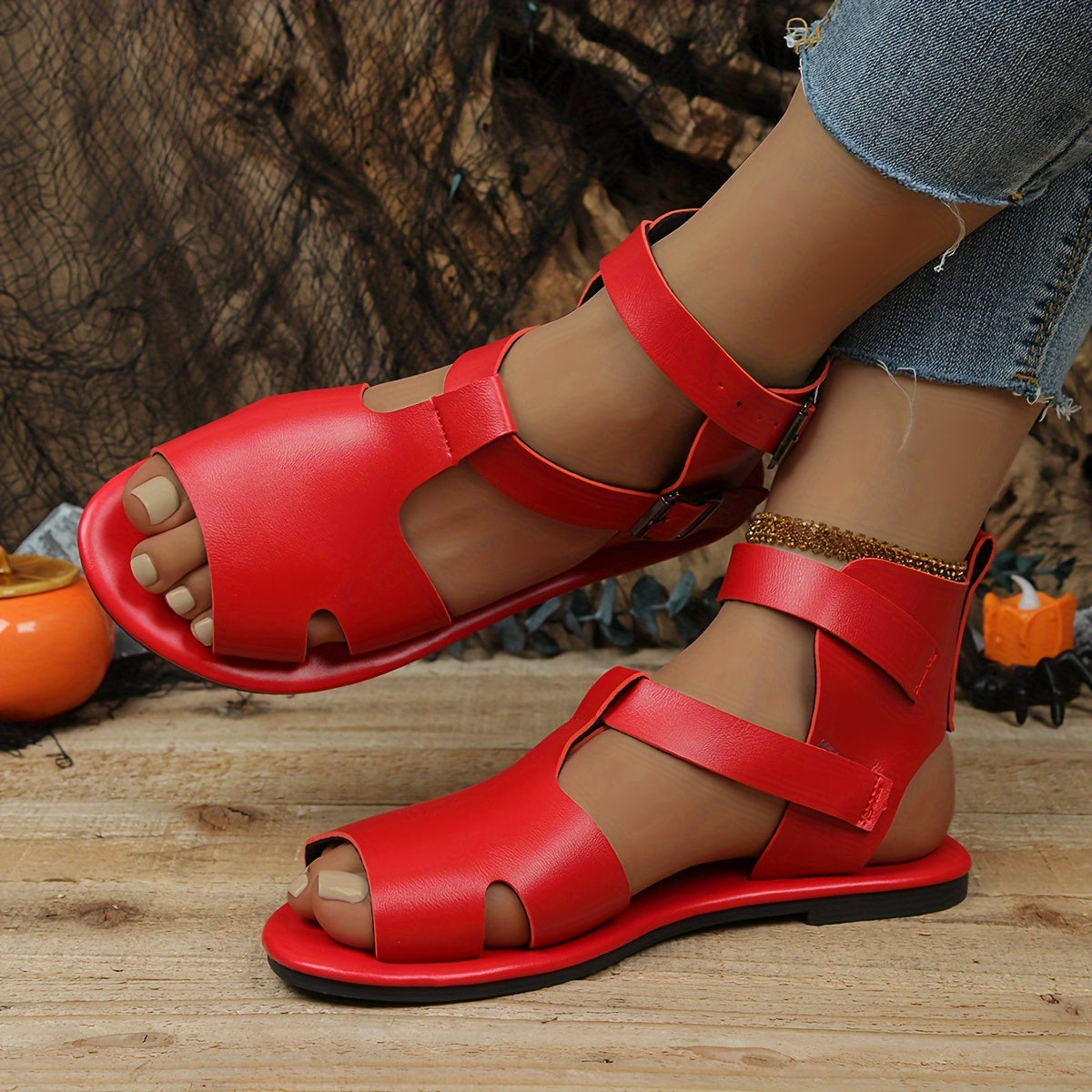Women's Ankle Buckle Sandals Hollow Out Flat Beach Shoes