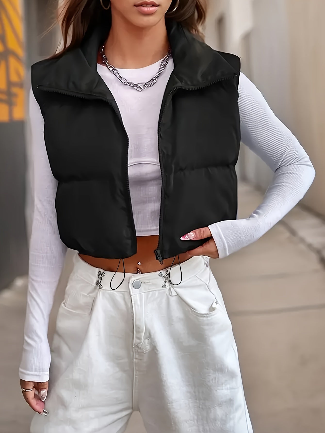 Women's Padded Vest with High Neck Drawstring Solid Polyester for Fall Winter