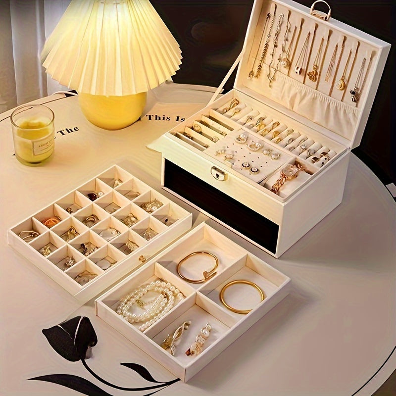 Organizador de joyas de cuero con múltiples capas para collares, pendientes, pulseras, relojes y anillos