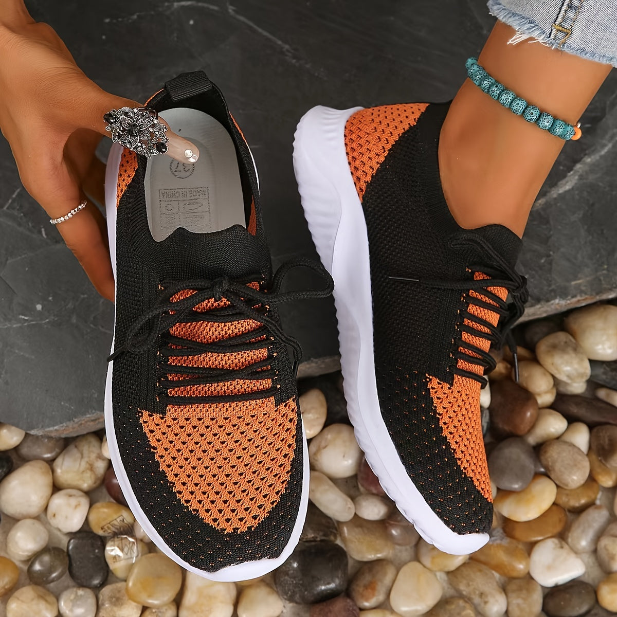 Women's Breathable Knit Sneakers Lightweight Non-Slip Casual Black Red