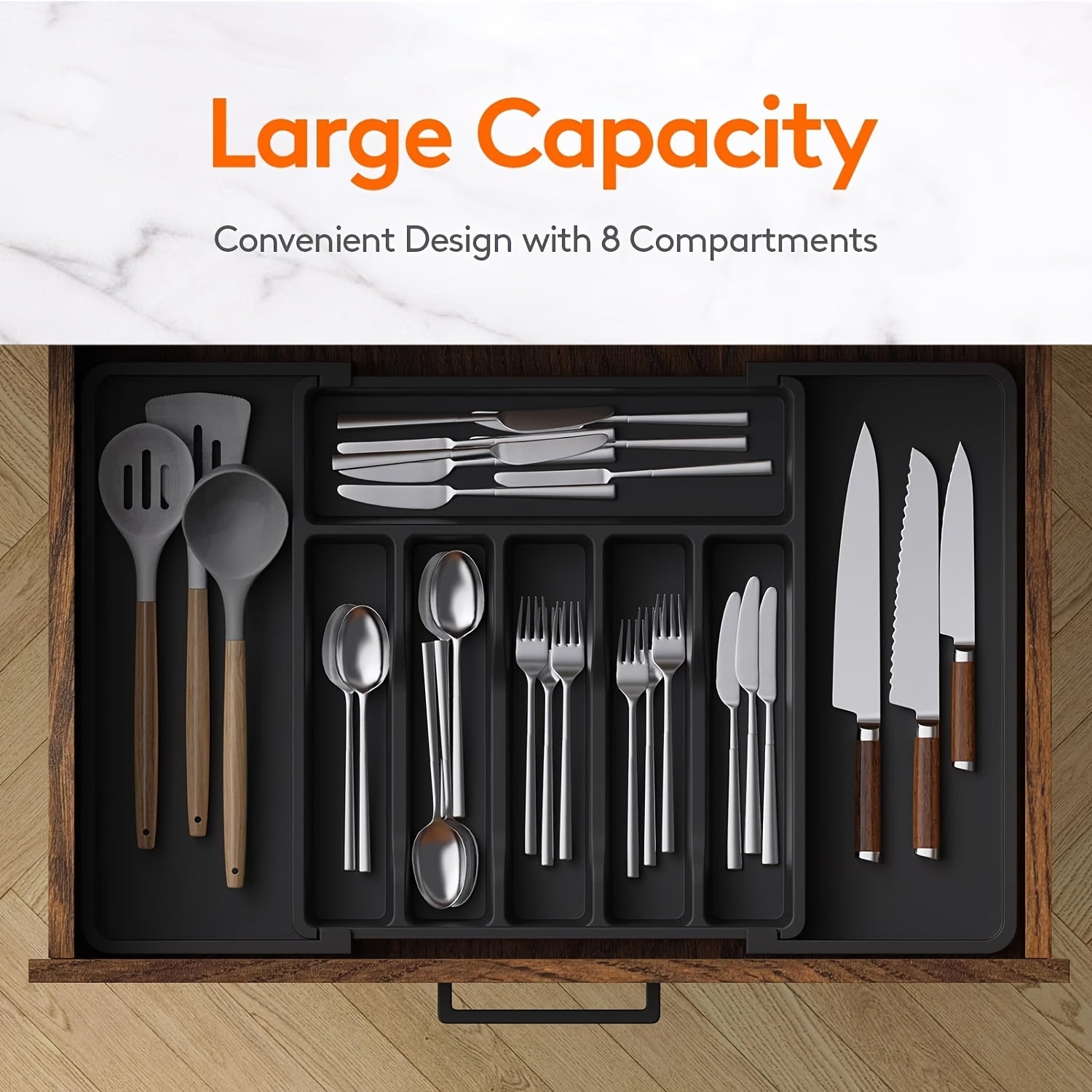 Flatware Organizer with Retractable Cutlery Storage Box, Large Capacity Drawer and Counter Utensil Holder