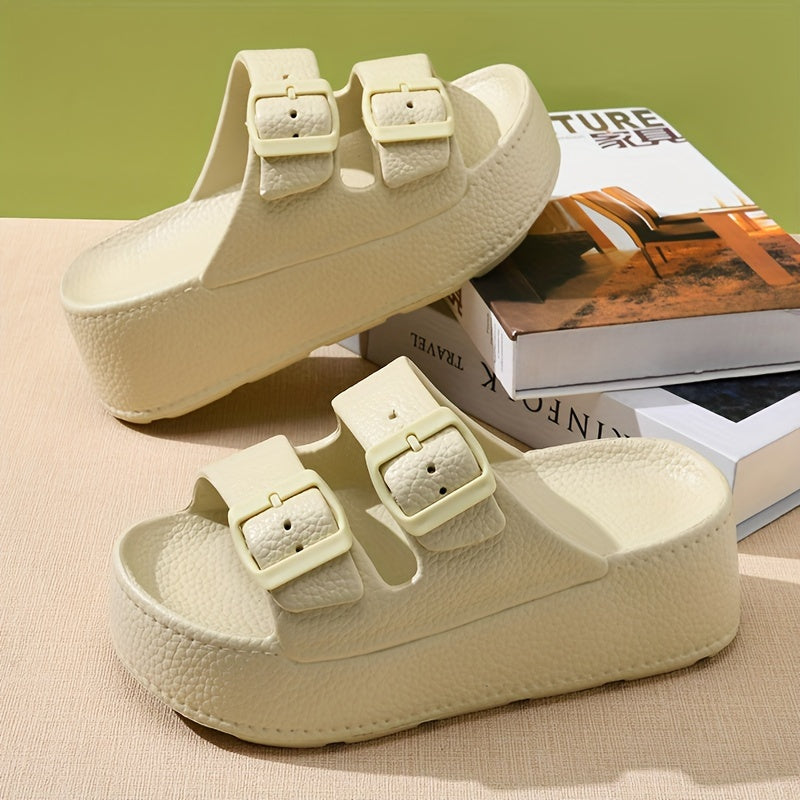 Women's Casual Solid Color EVA Platform Slippers with Buckle Closure Breathable Anti-Slip Super Thick Sole