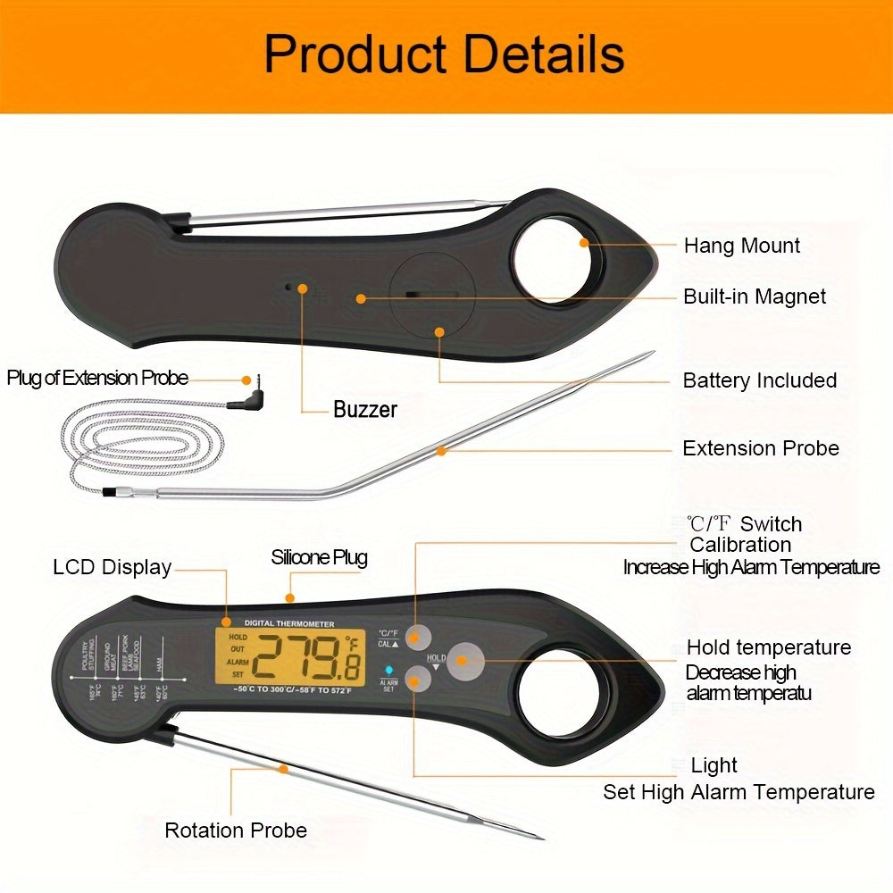 Multi-Function Kitchen Thermometer Dual Probes Backlit Display Sound Alarm