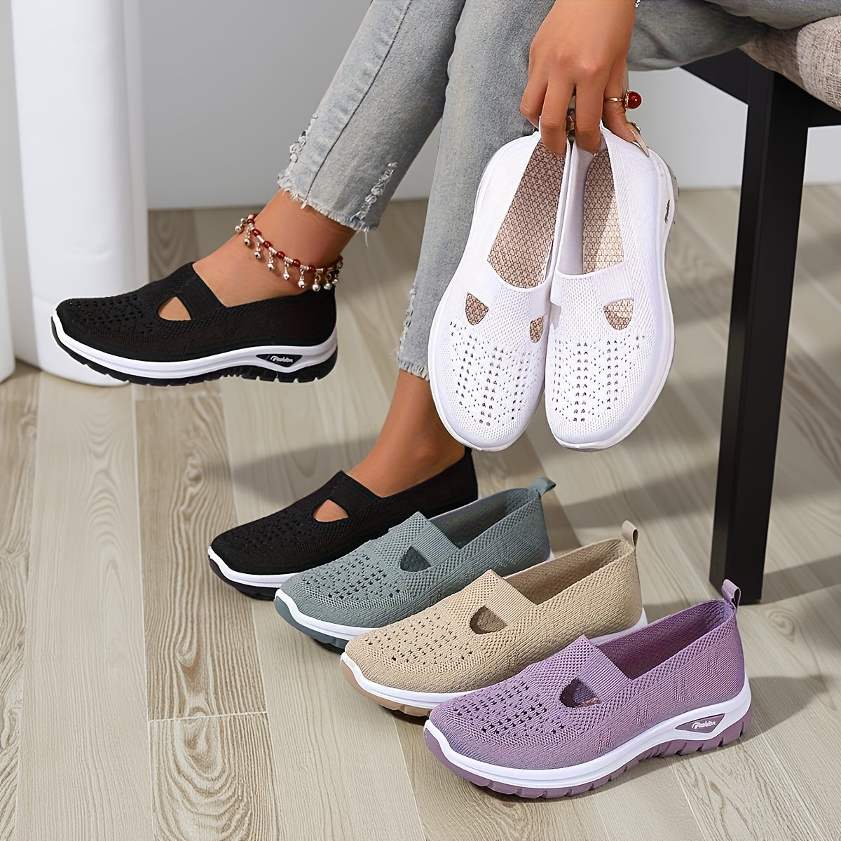 Ayollar uchun nafas oladigan slip-on kundalik sport poyabzali yengil mato PVC taglik bilan, barcha mavsum uchun qulaylik