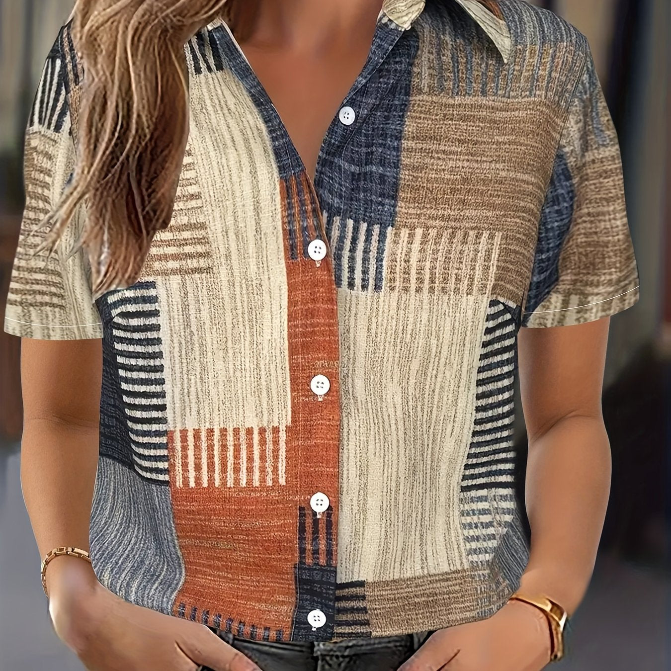 Blusa de manga corta para mujer con estampado digital y patchwork para verano