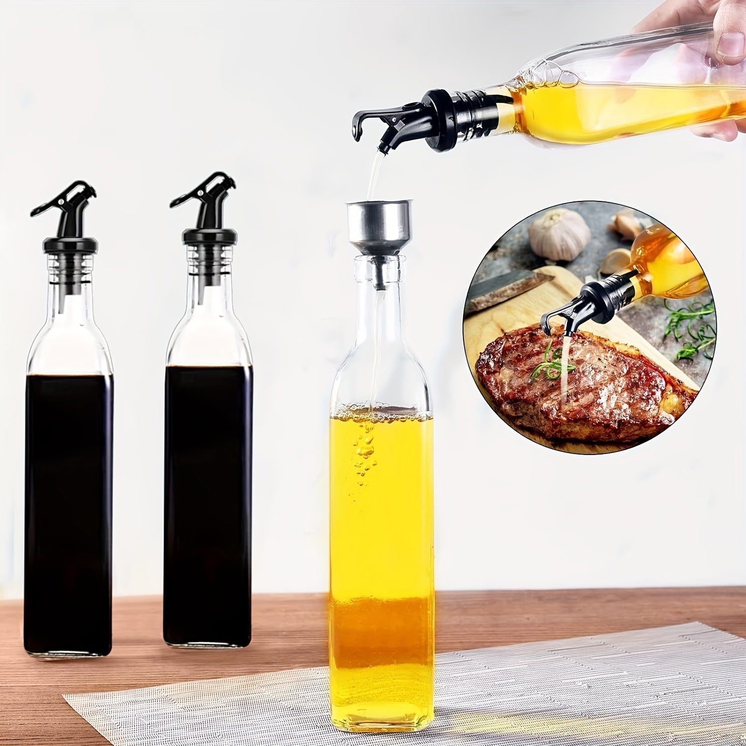 Set of 4 Oil and Vinegar Bottles with Bamboo Rack, 500ml Glass Canisters