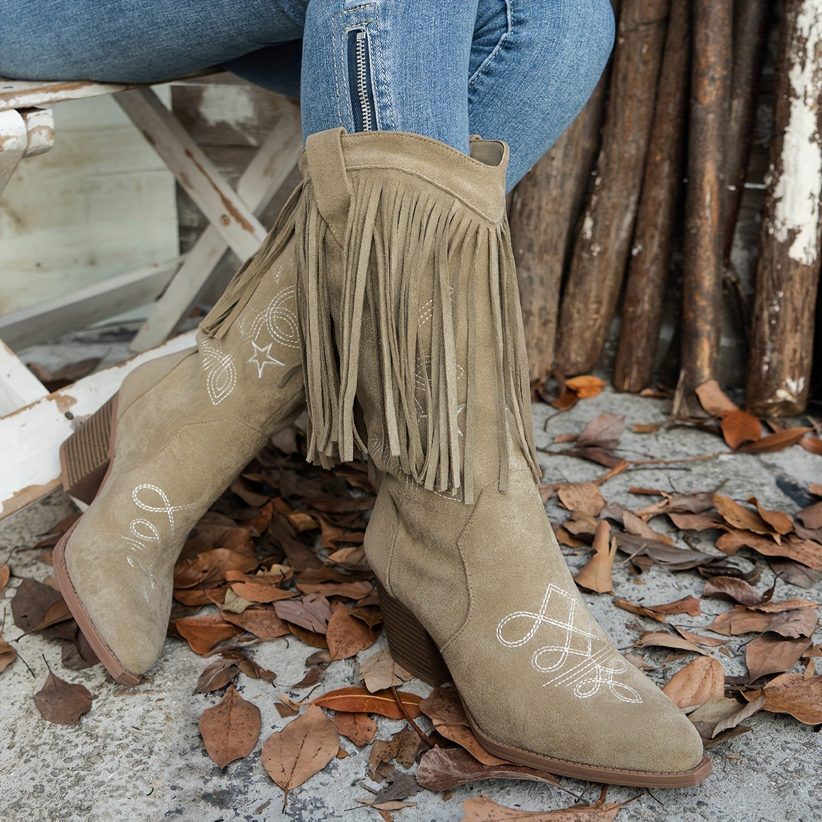 Women's Western Cowboy Boots with Fringe Butterfly Embroidery Pointed Toe