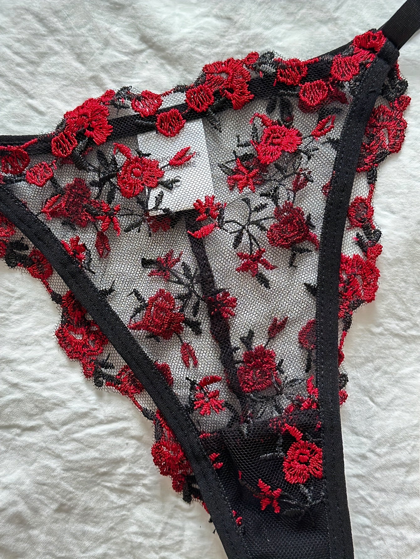 Women's Floral Embroidery Lingerie Set with Unlined Bra and Mesh Thong