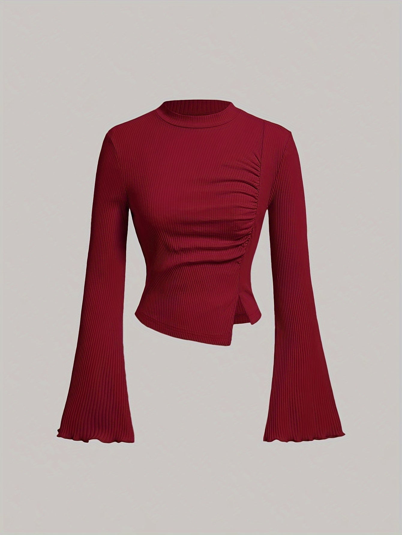 Women's Pleated Bell Sleeve T-Shirt with Side Split and Solid Color