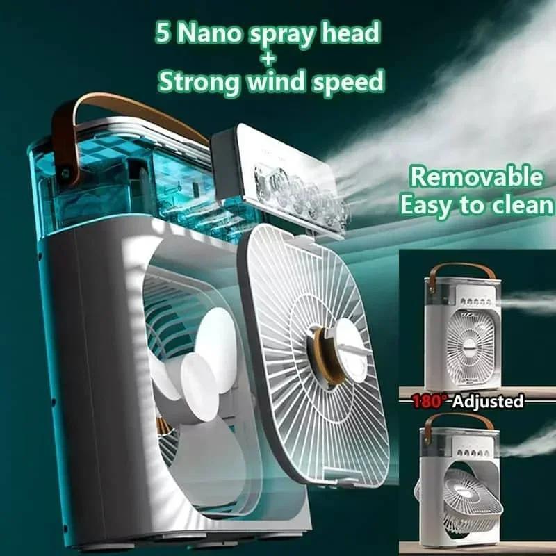 Compact USB Fan with LED Lights Humidifier and Adjustable Speeds for Home Office Use