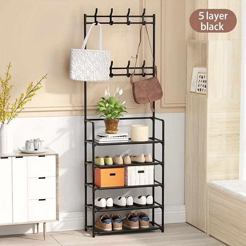 Contemporary Metal Shoe Rack with Hooks, Black or White, Easy Assembly