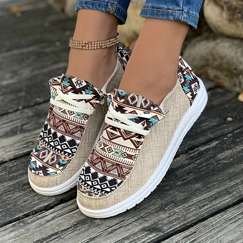 Women's Canvas Sneakers Casual Low Top Flat Shoes Lightweight Geometric Pattern
