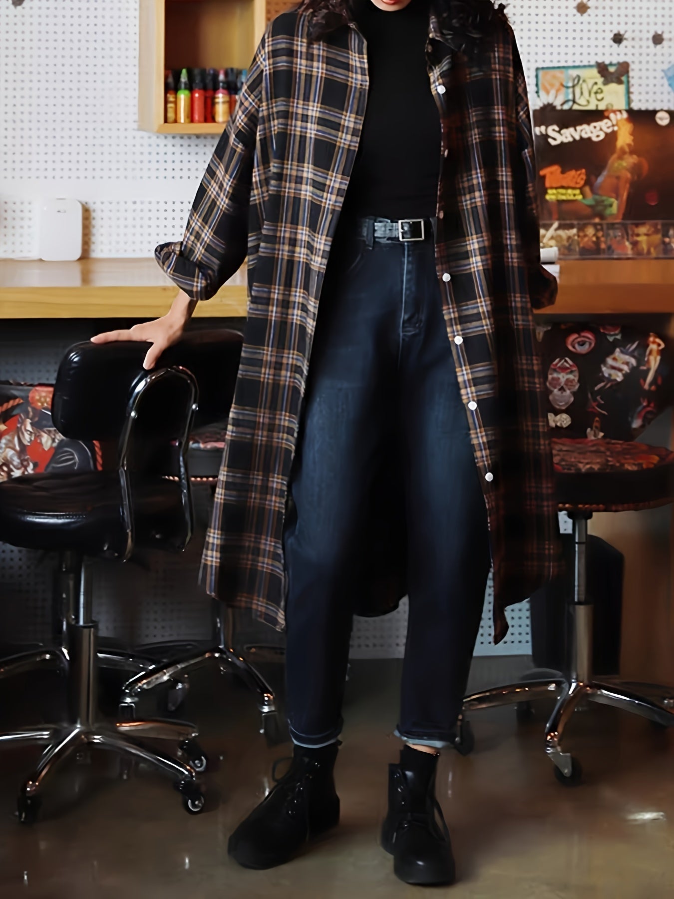 Plus o'lchamli tekislangan bosma bluz uzun qo'lqopli lapel bo'yinli bahor va kuz ayollar kiyimlari