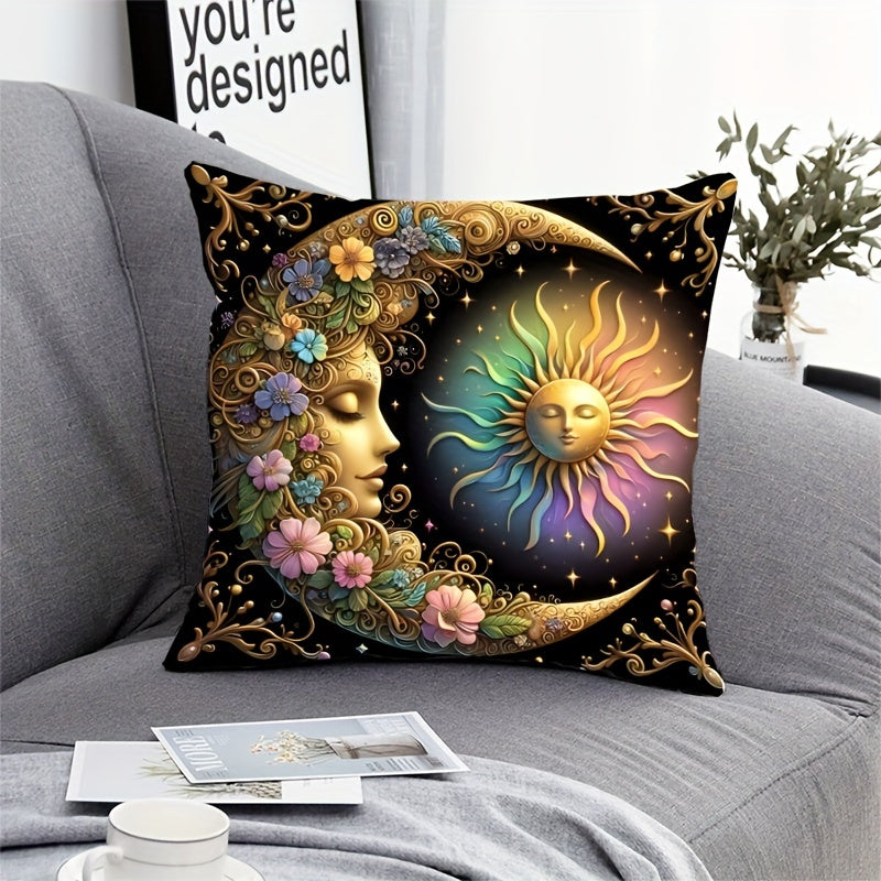 Celestial Sun and Moon Decorative Pillow Cover 44.96x44.96 cm Polyester Knit Washable