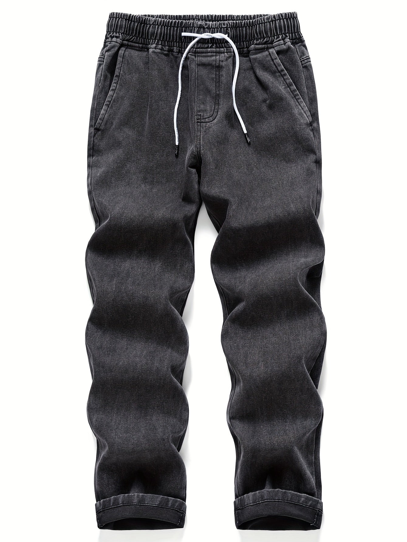 Men's Washed Denim Trousers with Pockets and Drawstring Waist for Outdoor Activities