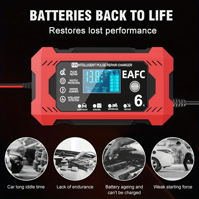 Большой экранный автомобильный и мотоциклетный зарядное устройство для аккумуляторов 12В 6А свинцово-кислотный ЖК-дисплей