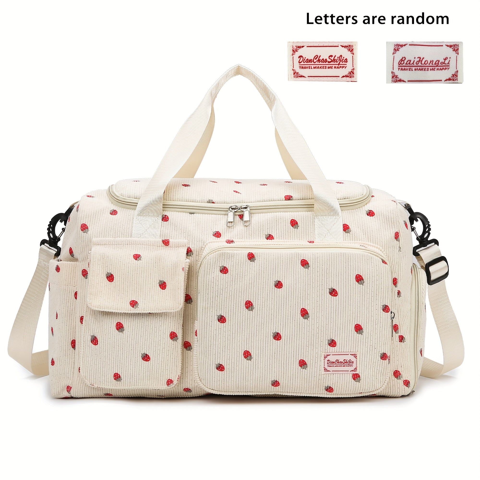 Corduroy Travel Bag with Strawberry Print Wet and Dry Separation Shoe Compartment for Vacation Gym and School