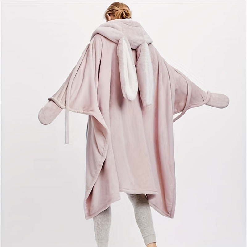 Rabbit Ears Blanket Hoodie Flannel Fleece Wearable Shawl for Sofa TV Office