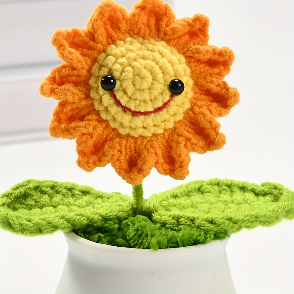 Crochet Sunflower Bonsai Decor with Smiling Face for Home Office Gift
