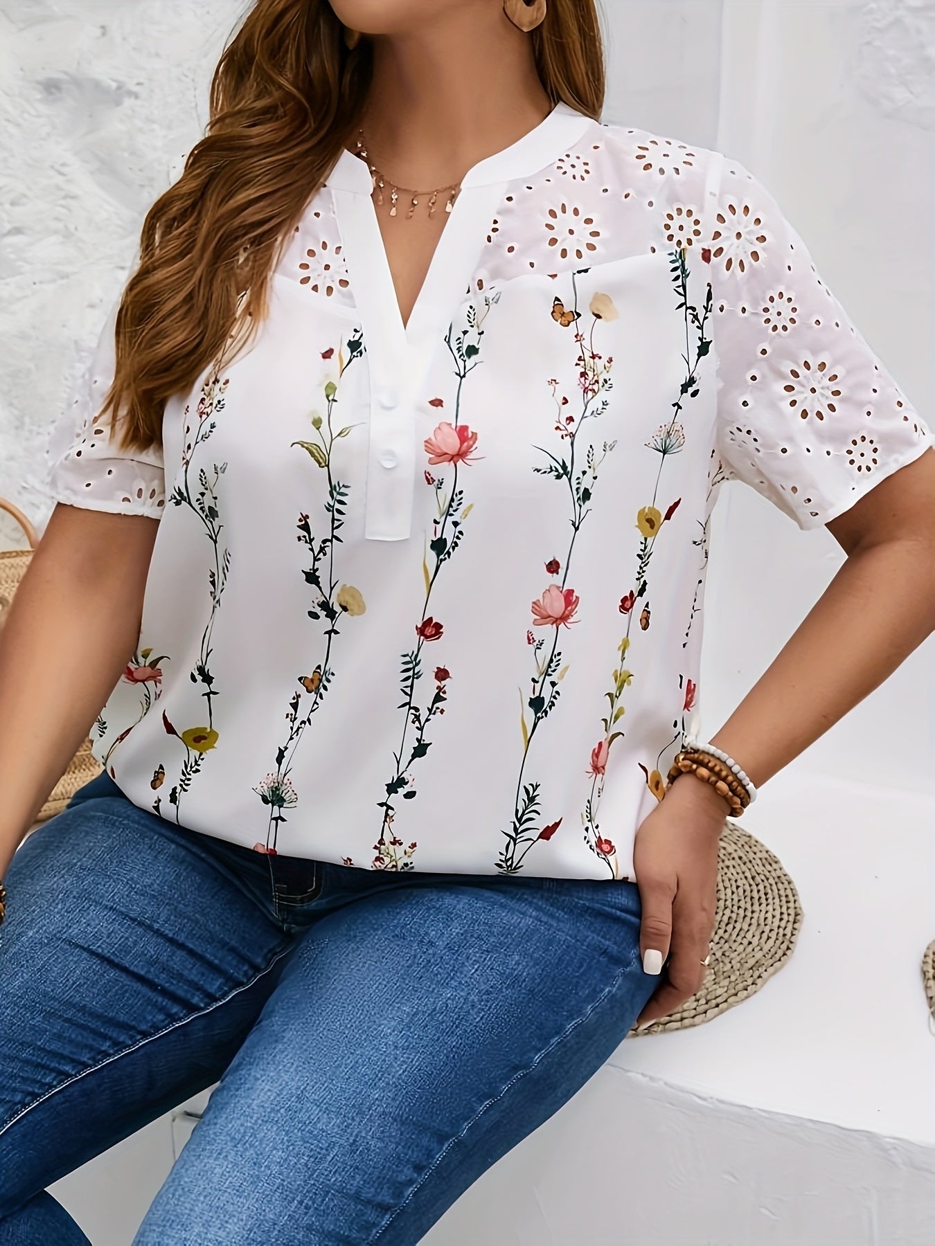 Блузка женская с цветочным принтом и коротким рукавом, большой размер, весна-лето, элегантный топ