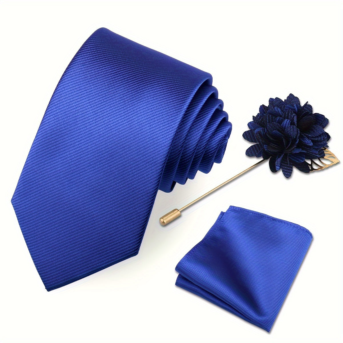 Men's Tie Set with Pocket Towel and Brooch, Classic Striped Plain Design
