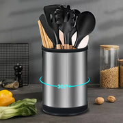 Stainless Steel Kitchen Utensil Holder Brushed Metal 360° Rotating with Drainage
