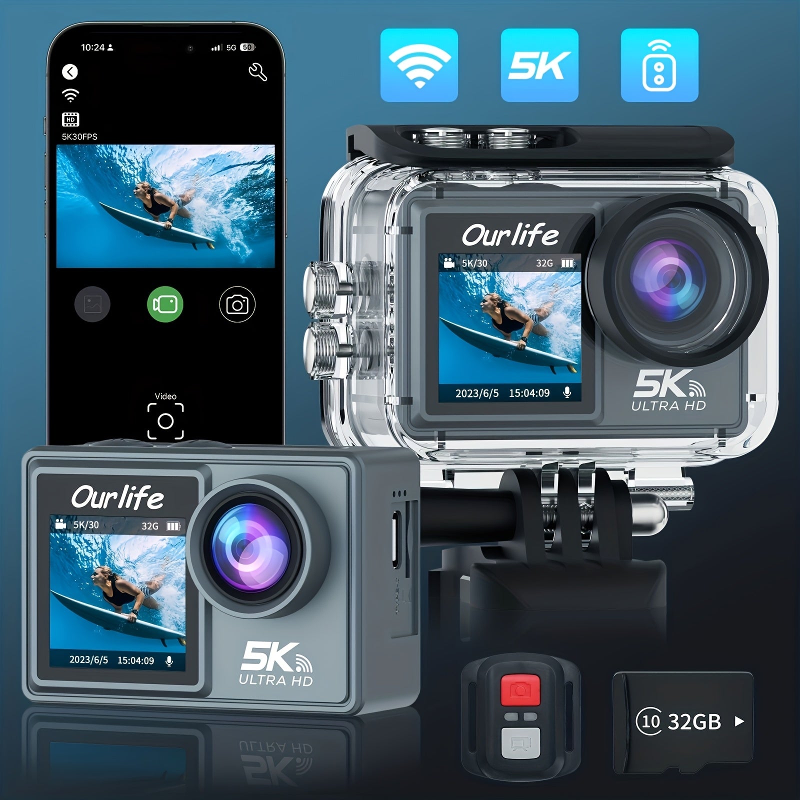 5K Ultra HD Dual-Screen Action Camera with WiFi Remote Control and Fisheye Lens