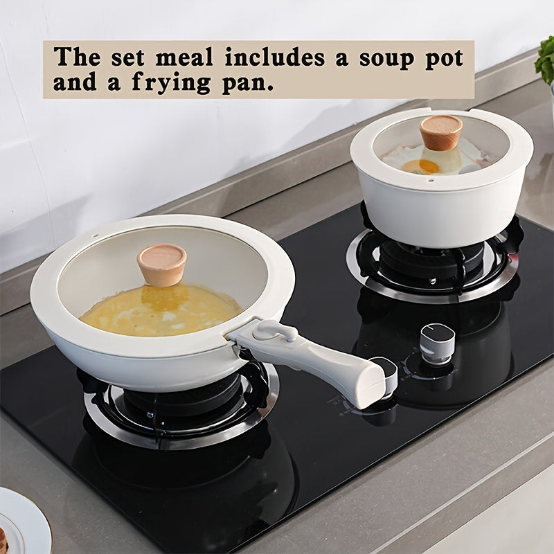 Non-Stick Aluminum Cookware Set with Removable Handle, Stackable, Glass Lids