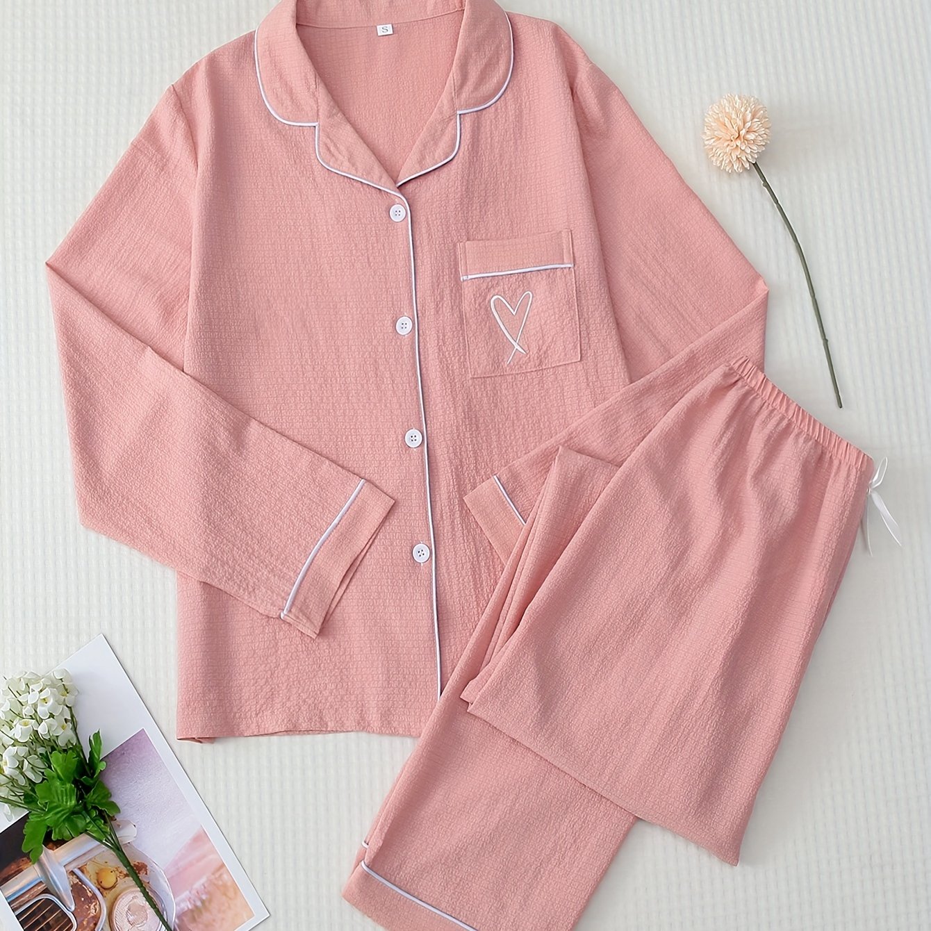 Women's Heart Print Pajama Set Long Sleeve Button Top Elastic Waistband Pants Fall Lounge Sleepwear