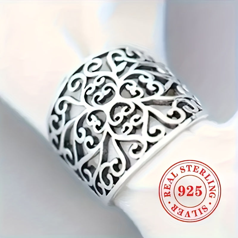 925 Silver Hollow Vine Wide Band Ring with Leaf Pattern Bohemian Jewelry
