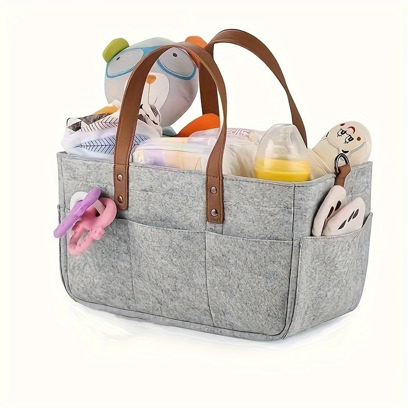Grey Patchwork Felt Diaper Caddy with Handles, Portable and Sustainable Storage