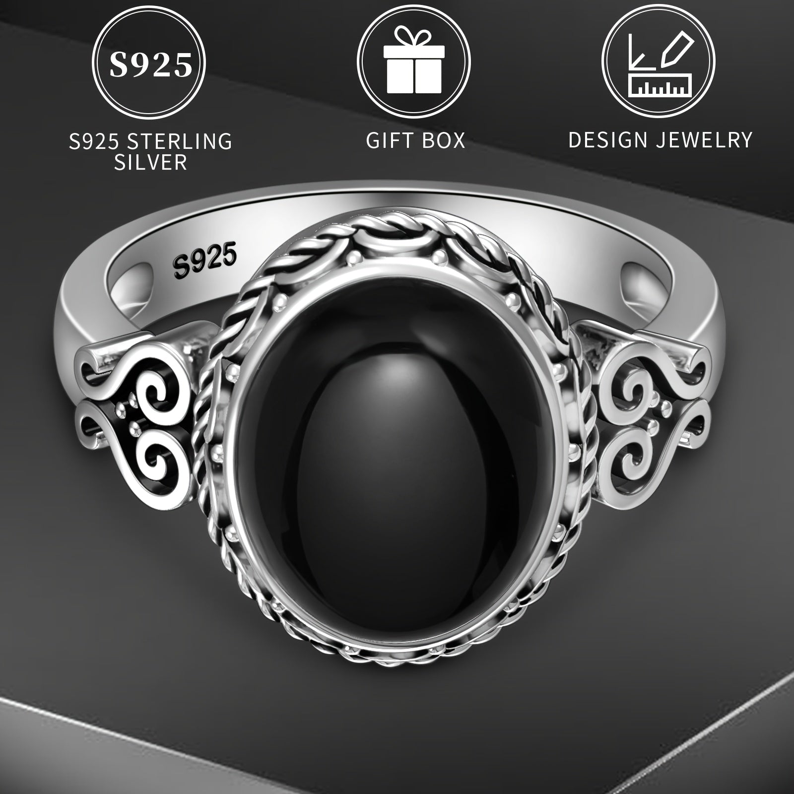 Ayollar uchun Sterling Silver uzuk qora Agate yurak o'simliklari Viktoriya uslubi hypoallergen