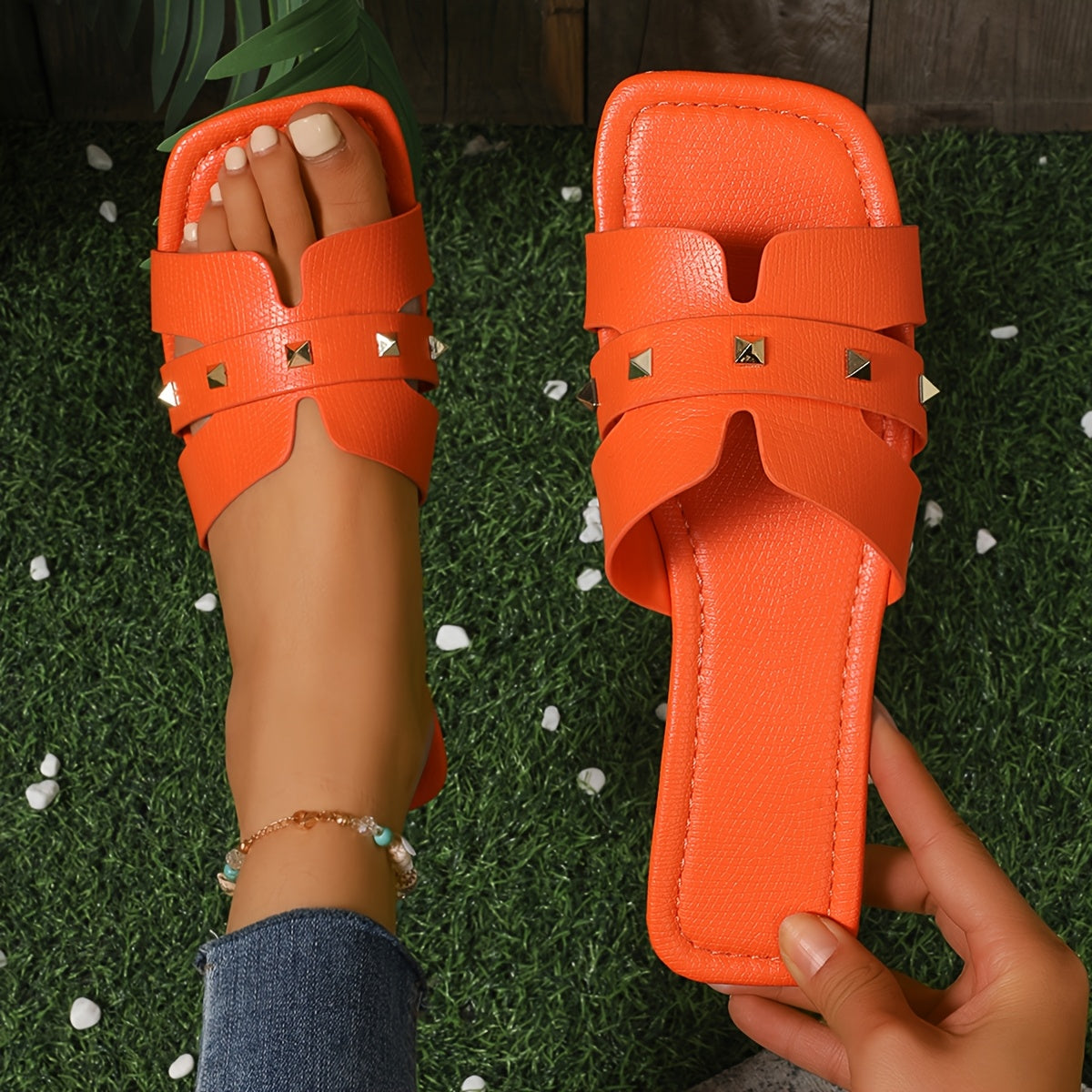 Women's Flat Sandals Solid Color PU Open Toe Slip-On Casual Shoes