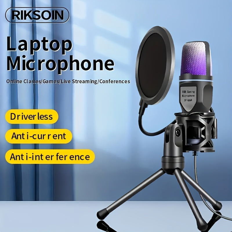 USB o'yin mikrofonu podkast videolari va striming uchun, tez o'chirish, tripod, pop filtri, RGB ko'rsatkich, zarba tutqichi va aylanuvchi ovoz balansi tugmasi bilan. PS4/5/PC bilan mos keladi.