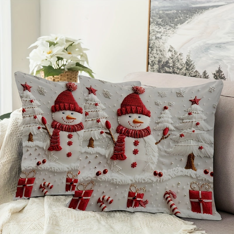 Christmas Snowman and Tree Throw Pillow Cover Polyester Zipper Machine Washable