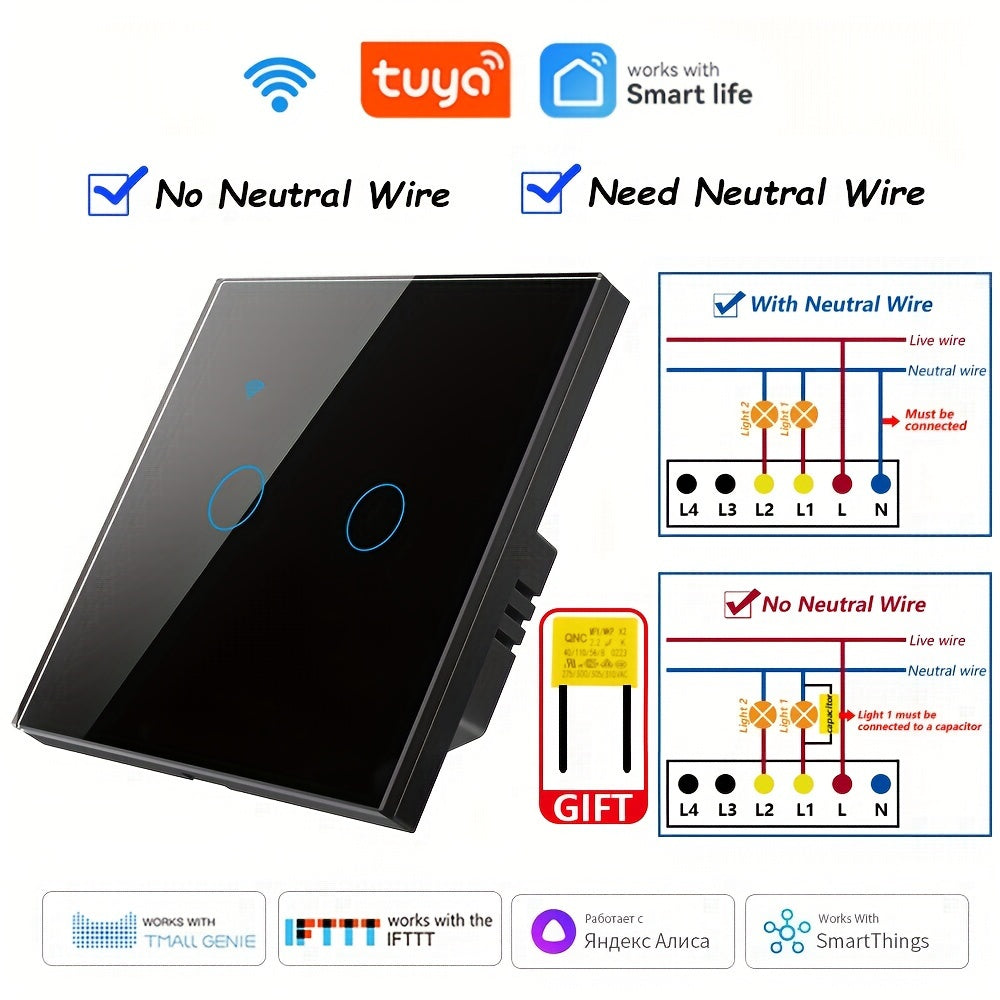 WiFi Smart Switch EU Plug No Neutral Wire Needed Voice Control Compatible with Alexa Google Home 1/2/3/4 Gang Tempered Glass Panel