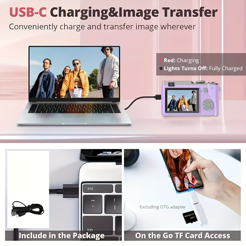 Retro Style 4K HD CCD Digital Camera with Dual Lens USB-C Charging 2.4 Inch Screen