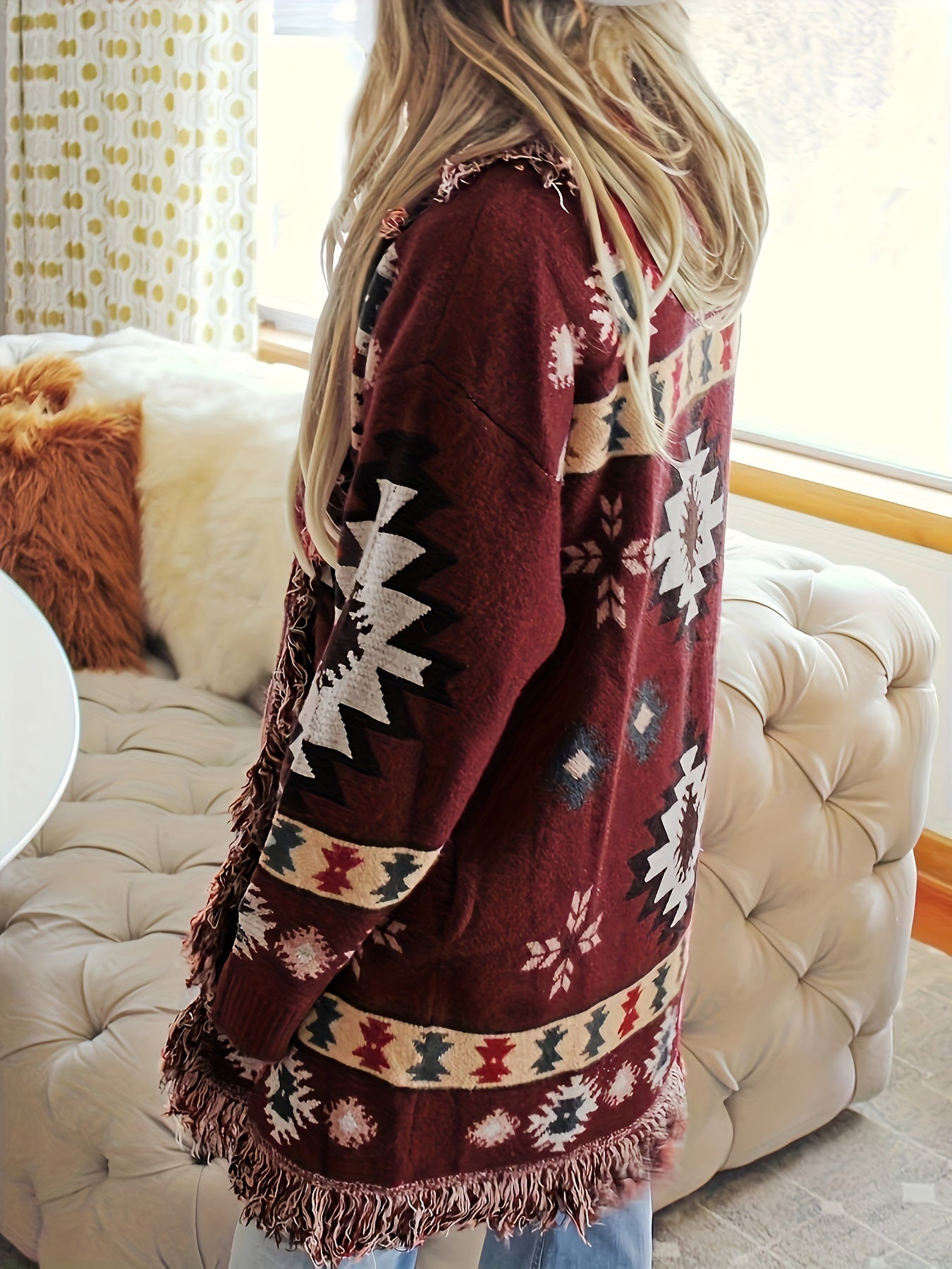 Plus Size Knit Cardigan with Tassels Open Front Long Sleeve Fall Winter Women's Clothing